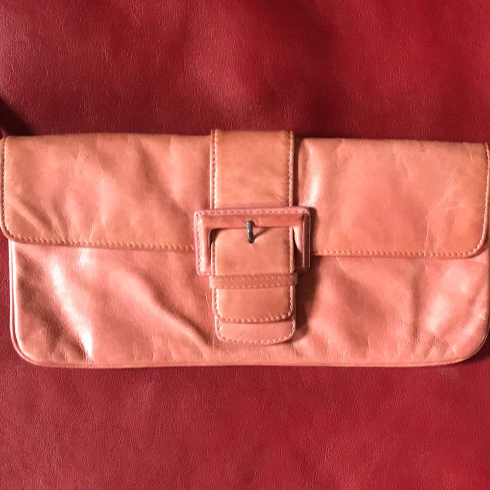 Pink leather buckle clutch with wrist strap HOBO